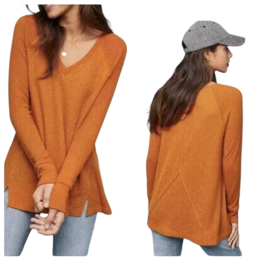 Anthropologie Maeve Fall Pumpkin Orange Waffle Thermal Swing Top Size Medium